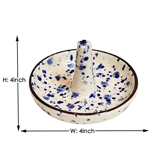 Ceramic Ring Holder Stand - Blue Dots Jewelry Dish for Rings & Earrings