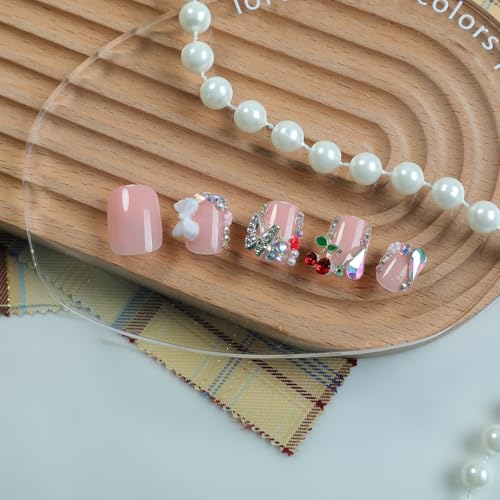 Pink Press on Nails Short Square False Nails with Rhinestones and Butterfly Charms 24Pcs
