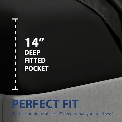 Cathay Home Twin Fitted Sheet, 14" Deep Pocket, Soft Microfiber - Black