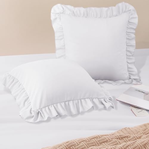 Horbaunal 2-Pack White Ruffle Throw Pillow Covers, 20" x 20" Square Shams