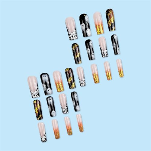 Halloween Long Coffin Press On Nails Spider Web Ghost Design 24 Pcs