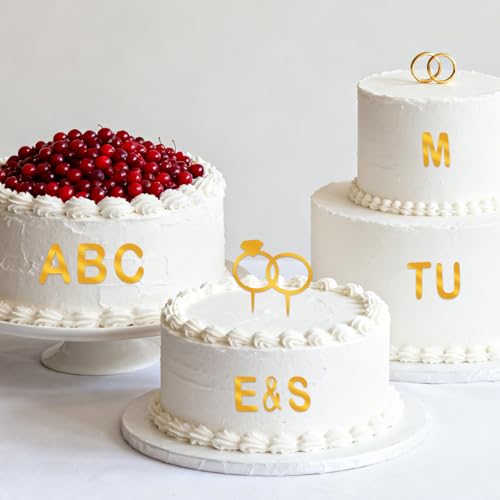 Gold Wedding Cake Topper Set with Acrylic Letters & Diamond Ring
