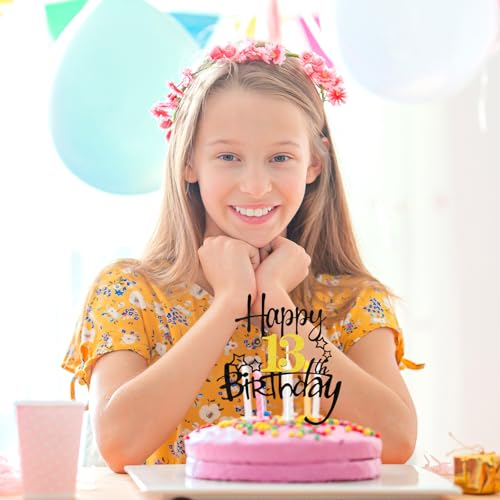 Happy 13th Birthday Cake Topper - Black & Gold Glitter Decoration