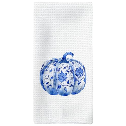 Blue and White Pumpkin Kitchen Towels - 16x24 Inches, Farmhouse Decor