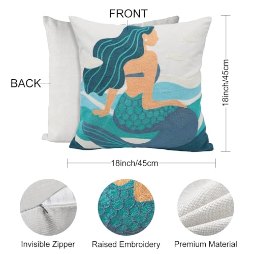 Mermaid Pillow Cover for Girls - 18x18 Inch Coastal Decor