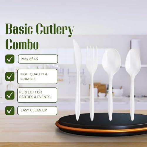 48-Piece Disposable Cutlery Set - Elegant White Plastic Utensils
