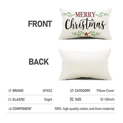 Merry Christmas Lumbar Pillow Cover, Holly Berry Linen 12x20 Inch - White