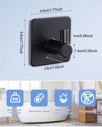 Eowihor Adhesive Hooks - 4 Pack Heavy Duty Black Stainless Steel Wall Hooks