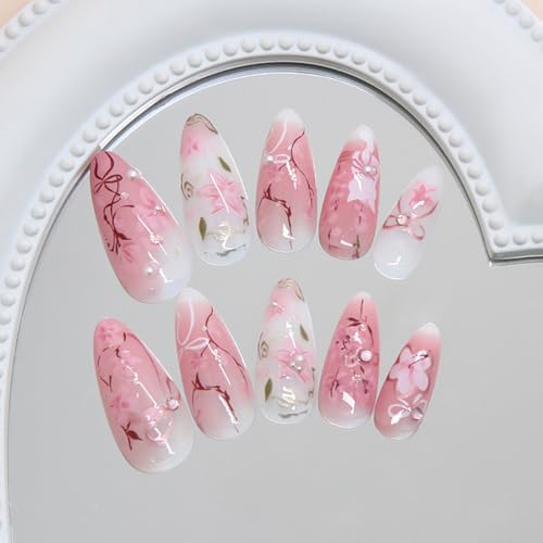 Pink Flower Press on Nails Medium Almond Fake Nails with Bow and Pearls