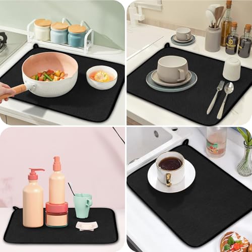 GeeRic Reversible Microfiber Dish Drying Mat 16x12 Inch Black – Ultra Absorbent Kitchen Pad