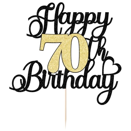 Happy 70th Birthday Cake Topper - Black Gold Glitter Decoration