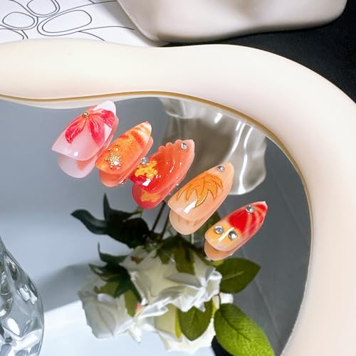 Fall Press on Nails Medium Almond White French Tip Fake Nails with Charms