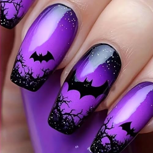 Halloween Press on Nails Black Purple French Tip Bat False Nails