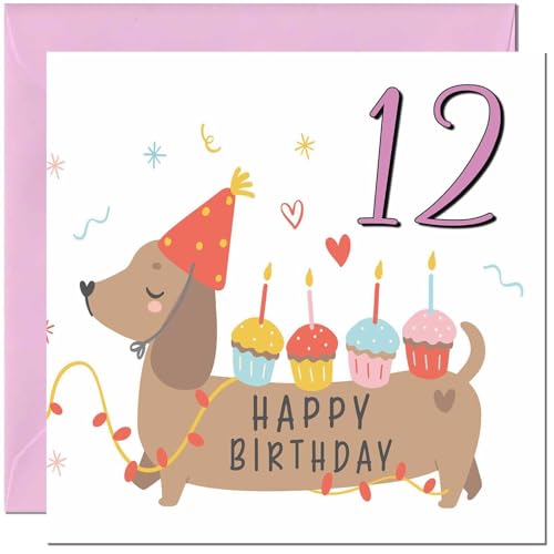 12th Birthday Card for Girls - Cute Dachshund Sausage Dog Greeting Card