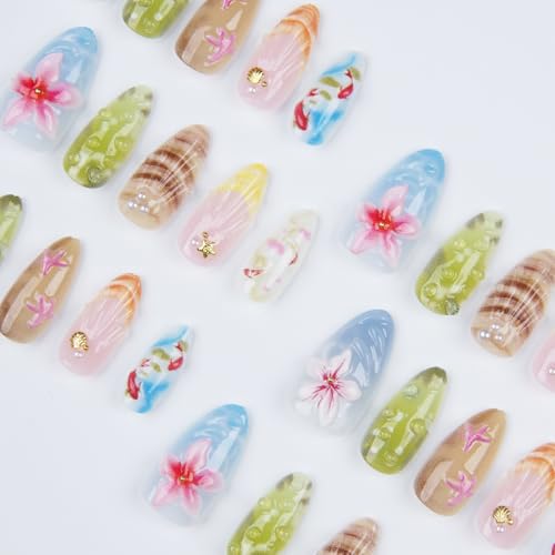 BUNLVDI Handmade Press on Nails Medium Almond 3D Floral Ocean Design