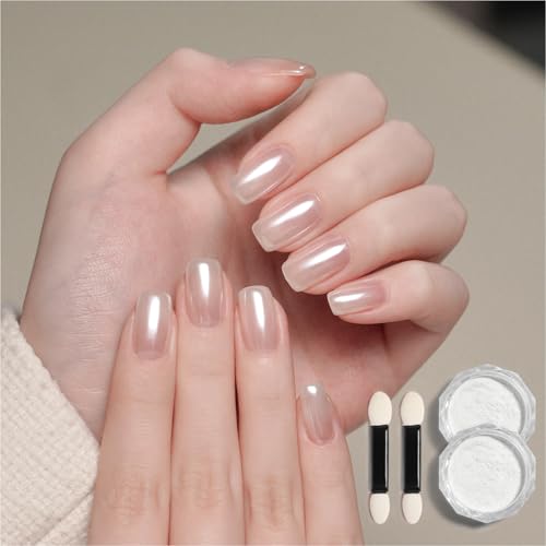 GAOY White Pearl Chrome Nail Powder - 2Pcs Mermaid Aurora Mirror Pigment