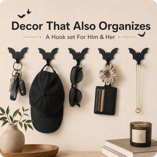 Black Bat Wall Hooks - Set of 8 Adhesive Storage Hooks