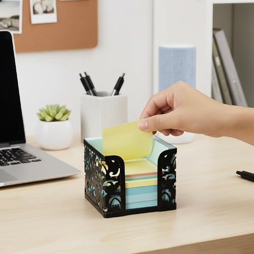 TOCCOOL Metal Note Cube Holder with Floral Carving - Desktop Organizer for 3x3 Inch Memo Pads, Black