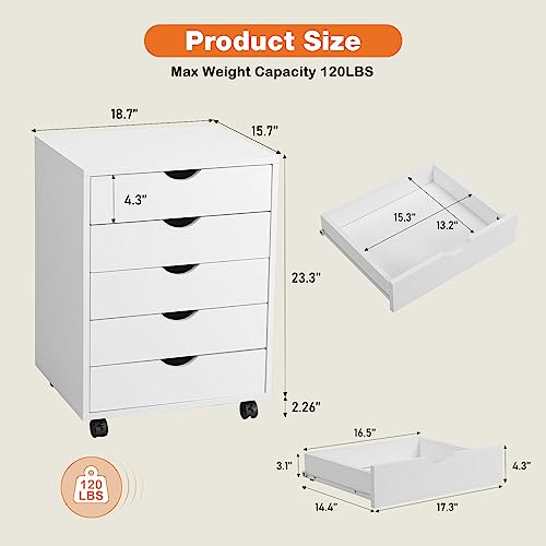 5 Drawer Chest, Storage Cabinet Dressers with Wheels, Dressers Storage Cabinets, Dresser Mobile Cabinet with Wheels, Room Organizer, Drawers Wood Organization Furniture for Office, Home, White