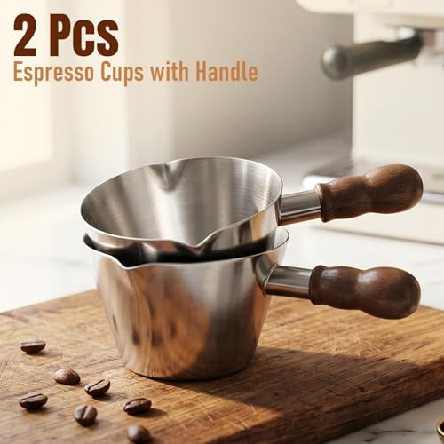 Baalaka Stainless Steel Espresso Cups Set with Wooden Handles - 3.4oz
