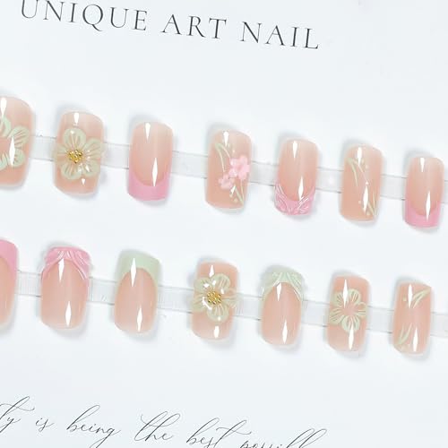 Pink French Tip Press on Nails Short Square False Nails with 3D Flower Design