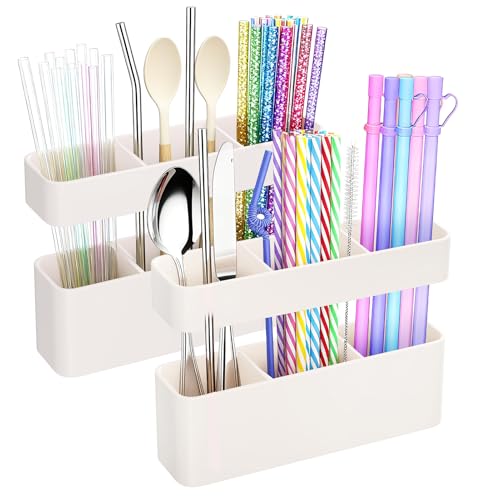 MoodLife White Silicone Straw Holder for Cabinet Door - 2 Pack Organizer with Washable Adhesive