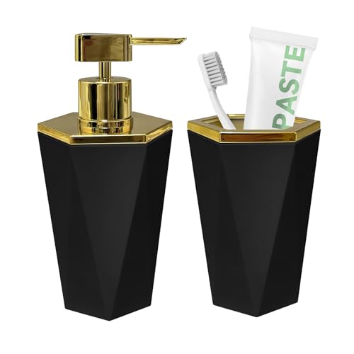 2 Piece Black Plastic Bathroom Accessories Set - Soap Dispenser & Toothbrush Holder
