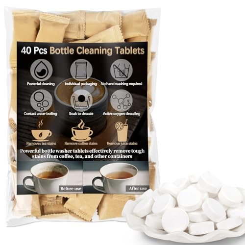 40 Pcs Water Bottle Cleaning Tablets ? Bottle Washer Tablets,Chlorine-Free and Odorless Cup Cleaner Perfect For Thermos,Tumblers,Hydration Bladders,Coffee Mug, Stainless,Glass Container