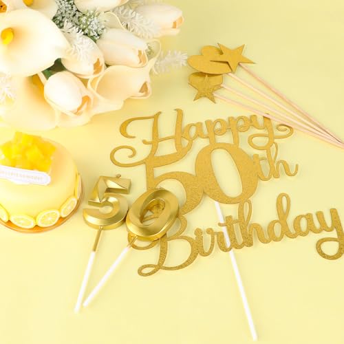 50th Birthday Cake Decorations - Glitter Happy 50th Toppers & Candles