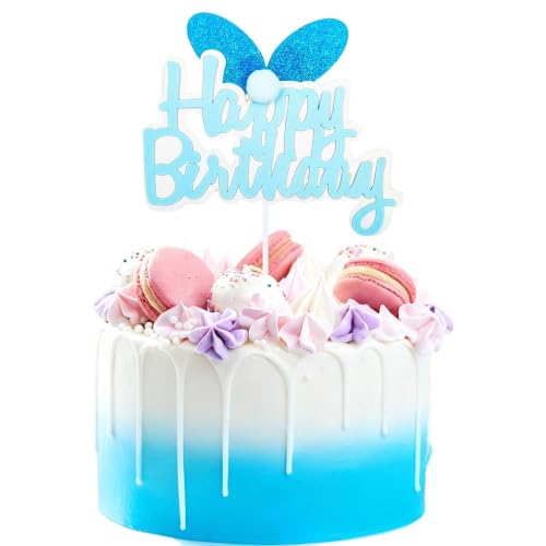 Blue Glitter Bunny Ears Cake Topper for Kids Birthday Party