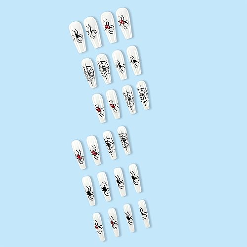 Halloween Long Coffin Press on Nails with Spider Web and Rhinestone