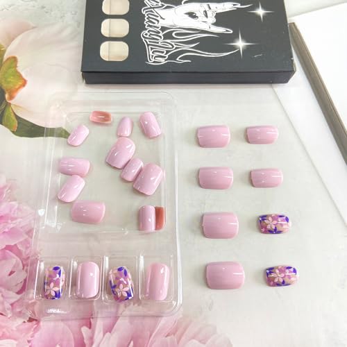 Short Square Floral Press On Nails Light Purple Glossy Acrylic Fake Nails