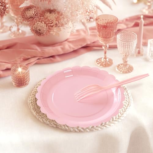 Pink Scalloped Paper Plates & Napkins Set for Parties - 25 Guests