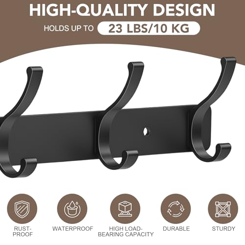Dntorx Black Wall Mount Coat Rack 2 Pack with 5 Double Hooks - Easy Install