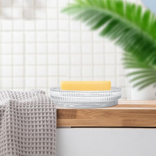 UHEY HOME Clear Glass Soap Dish - Modern Round Bar Soap Holder for Sink