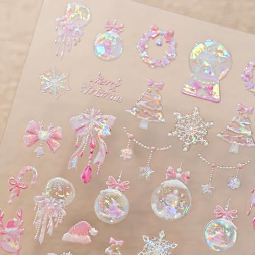 GeeSey Christmas 5D Embossed Nail Stickers Pink Blue Holiday Decals
