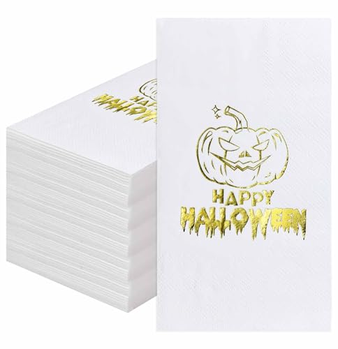 SietDESEO 25 PCS 3-Ply Halloween Napkins with Gold Foil Pumpkin