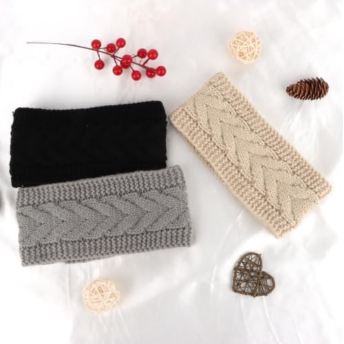 KIUEZIR 3-Pack Winter Knit Headbands Fleece Lined Ear Warmers