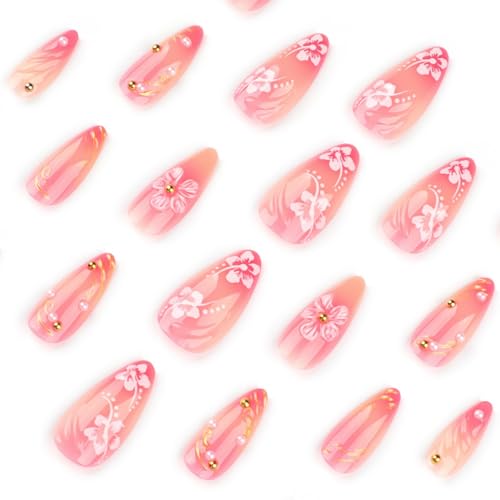Floral Press on Nails Medium Almond Fake Nails with Pearl Designs Glossy