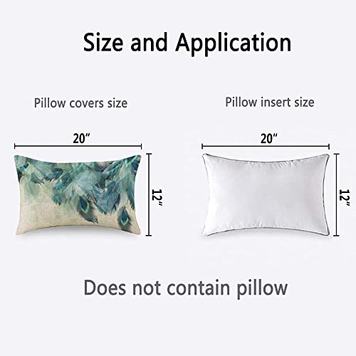 Peacock Feather Throw Pillow Cover, Watercolor Blue & Green, 12x20 Inch
