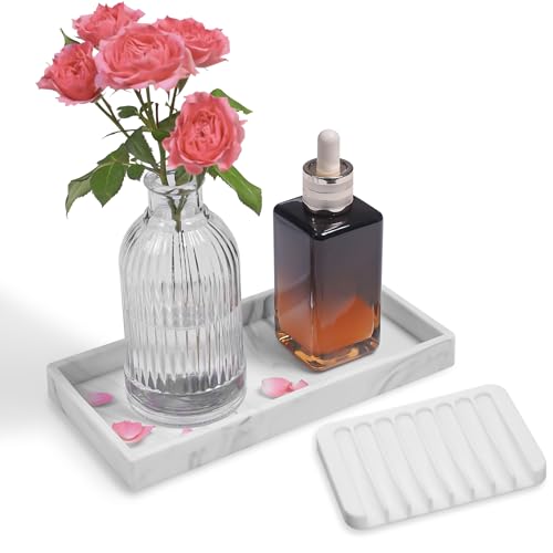 Marble Silicone Vanity Tray with Soap Dish - 7.9 x 3.9 inch Bathroom Organizer