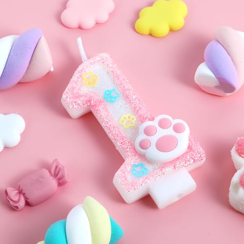 Pink Number 1 Dog & Cat Birthday Candle with Paw Print Cake Topper