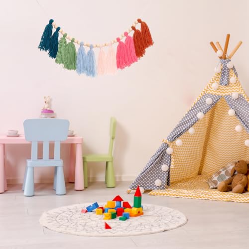 Boho Tassel Garland Yarn Bunting Banner with Wood Beads for Nursery Wall Decor