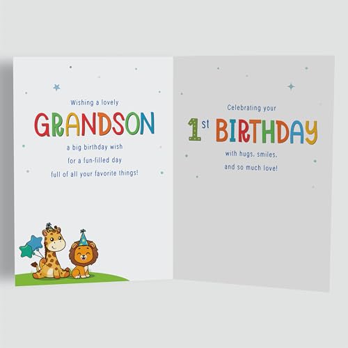 Cute Jungle Animal 1st Birthday Card for Grandson - A5 Premium