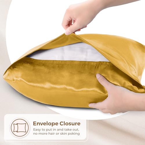 Gold Satin Pillowcase 2 Pack for Queen Size Bed - Silky Microfiber Sleep Cover - Pure Bedding