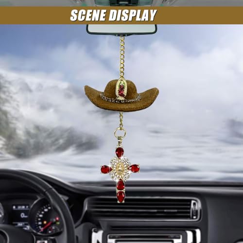 Cowboy Hat Car Charm with Cross - Handmade Rear View Mirror Ornament