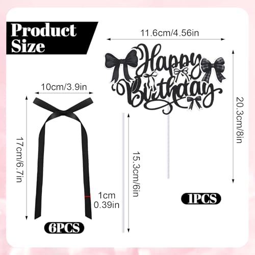 7 Black Bow Cake Toppers with Happy Birthday Insert for Parties