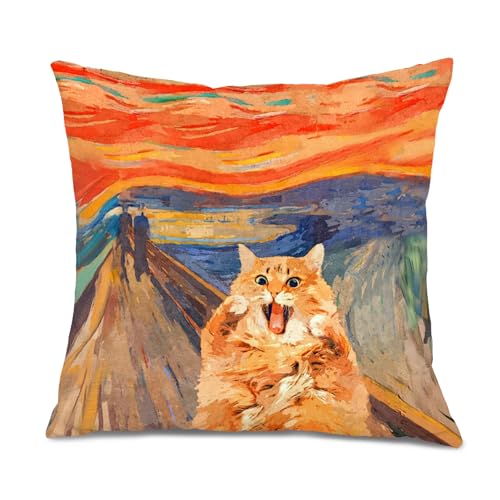 Funny Abstract Orange Cat Pillow Cover 18x18, Retro Modern Flannelette Case