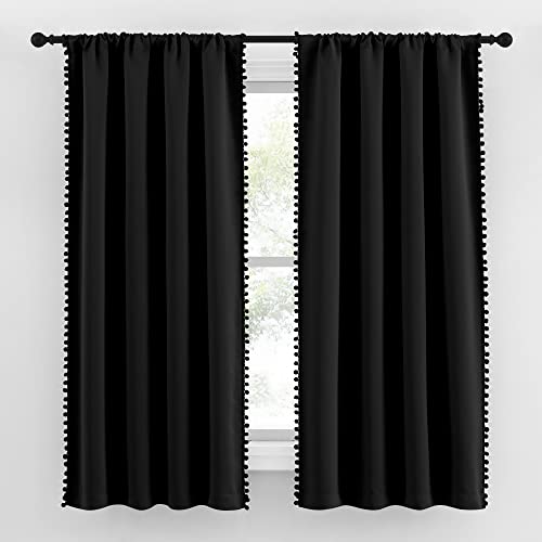 NICETOWN Blackout Curtains 2 Panels Jet Black 42"W x 63"L with Pom-Poms, Thermal Insulated Boho Style for Nursery, Playroom, Kitchen (Pack of 2)