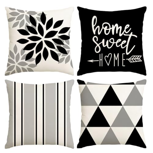 Black 20x20 Pillow Covers Set of 4 - Home Decor Throw Cushion Covers with Striped Geometric Design